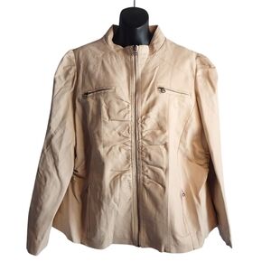 deb Women's Cream Faux Leather Ruched ZIP Up Plus Size Jacket Sz 3X NWOT
